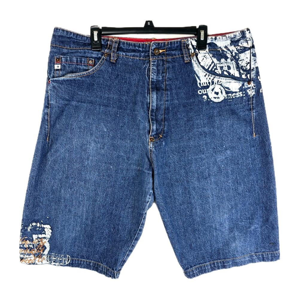 Vintage Y2K Indigo Red Jean Shorts Mens 40 Baggy Embroidered Skater Jorts AOP